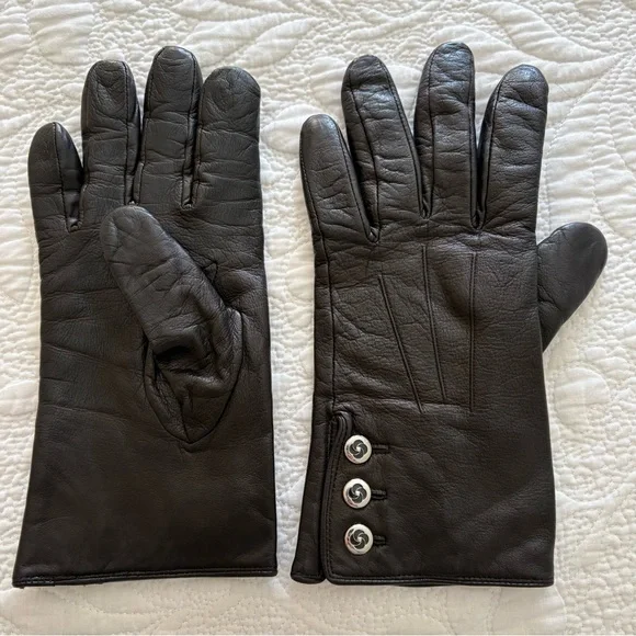 Samsonite Black Leather Gloves with Silver tone Buttons - Picture 2 of 4